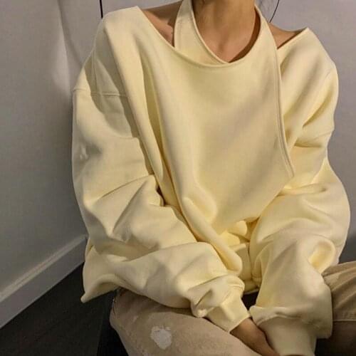 Female Fashion Light Yellow Pullover Tops Irregular Hollow Halter Neck Cross Long Sleeve Loose Style Wild Casual Sweatshirt