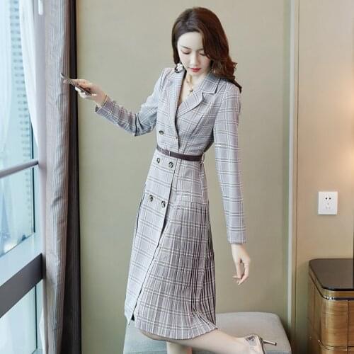 Spring Women Double-Breasted Plaid Notched Collar Long Sleeve Pleated Elegant Korean Lady Causal Dresses Vestidos With Belt