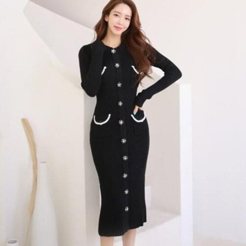 ZAWFL Women Knitted Bodycon Dress Autumn Winter Elegant Day Single-breasted Slit Midi Dress with Belt Office Ladies Dresses