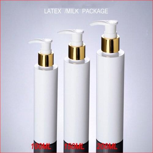 100/150/200G PET plastic bottle White w flat gold shoulder emulsion pressure pump empty makeup cosmetic container Packaging