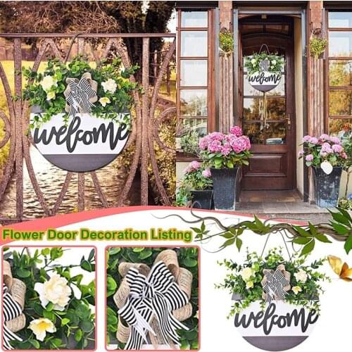12Inch Welcome Wreath for Front Door, Round Wood Hanging Sign Door Hanger for Home Farmhouse Porch Decor