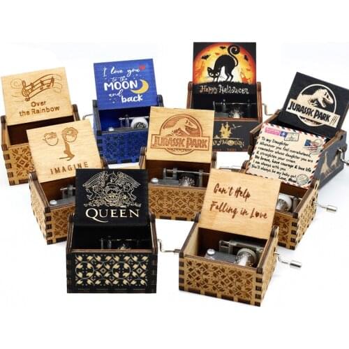 2021Wooden Hand Cranked Music Box You Are My Sun Jurassic Park Theme Song "Love Dad, Love Mom, Love Daughter, Love Wife"
