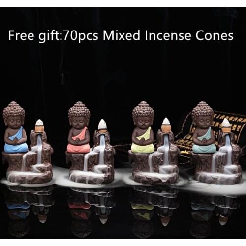 With 70pcs incense cones The Little Monk Small Buddha Censer Backflow Incense Burner Use In Home Teahouse