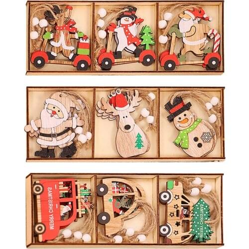 9pcs/box Christmas Car Wooden Pendants Xmas Tree Hanging Ornaments Christmas Decorations for Home Kids Gift Noel Navidad Decor