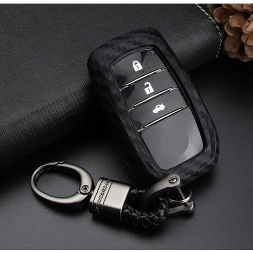 Car Carbon Fiber Key Case Cover Holder Chain For Toyota Camry Highlander Prado Crown Land Cruiser Prius Vitz Accessories