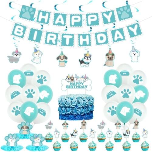 Childrens Birthday Dog Theme Party Decoration Set Latex Balloon Banner Swirl Cake Topper Pink And Blue For Baby Show