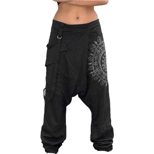 Men Low Rise Drop Crotch Retro Print Pants Men Plus Size Saggy Baggy Trousers Elastic Waist Pockets Wide Leg Harem Pants L3