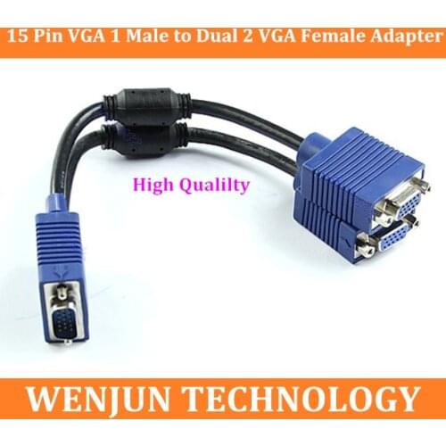 Hot Sale NEW 15 Pin VGA 1 Male to Dual 2 VGA Female Adapter Converter Splitter Video Cable 10PCS FreeShipping