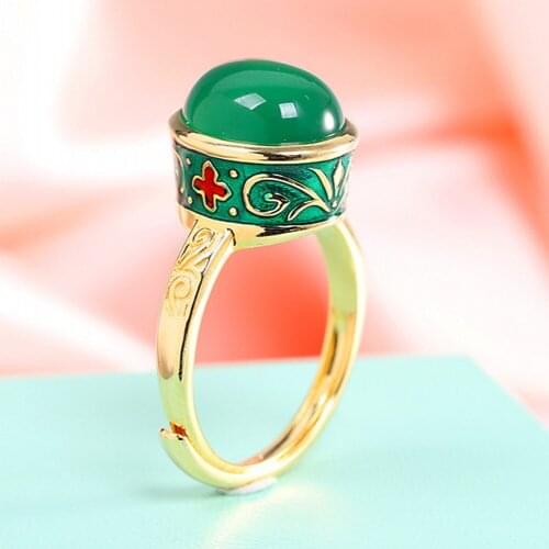 BOCAI New ethnic style solid s925 pure silver gold-plated enamel women ring burnt blue green chalcedony ring for woman