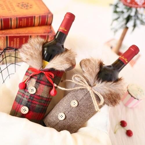 Red Wine Bottle Cover Canvas Bags Christmas Gift Bow Wines Cloth Bag Plaid Dust Wine Bottle Cover Set Christmas Decorations
