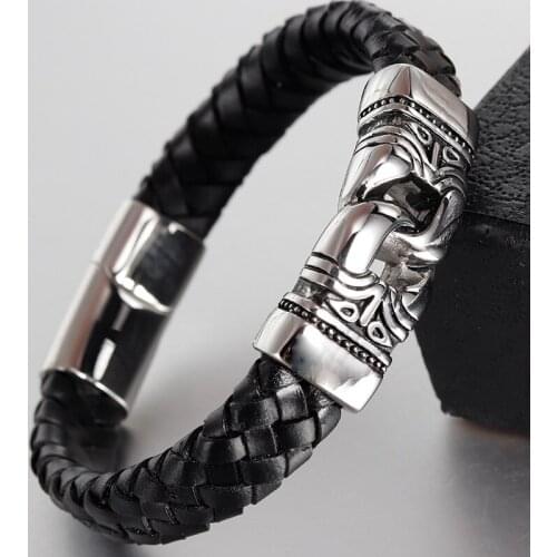 LAMEMDEE Punk Men Jewelry Braided Leather Charm Bracelet Stainless Steel Magnetic Clasp Fashion Bangles 18.5/20.5/22cm Gift