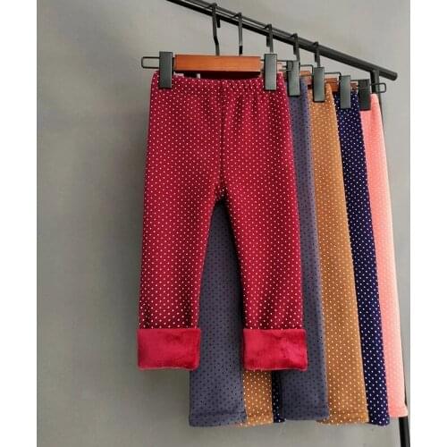 Sweet Leggings Girls Dot Velvet Pants Autumn Winter Kids Cotton Stretch Warm Trousers Baby Girls Elastic Waist Slim Pants