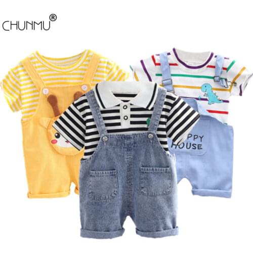 Summer Baby Short Sleeve Clothing Boys and Girls Cotton Tracksuit Striped Top+Overalls For Toddler Children Casual Clothing