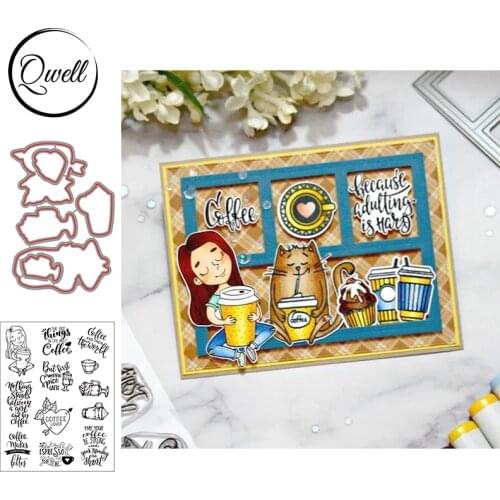 QWELL Metal Cutting Dies and Clear Silicone Stamps Little Girl Coffee Lover Words Sentences DIY Craft Scrapbooking 2020 New