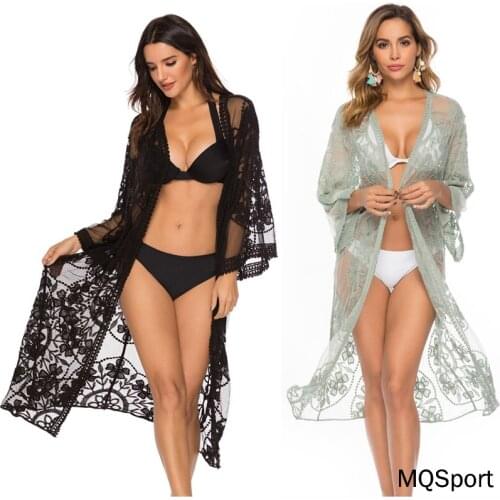 Sexy Cover Up Bikini Lace Cardigan Long sleeve Swimsuit Bathing Suit Cover Ups Robe Plage Beach Dress Tunic kaftan Swimwear