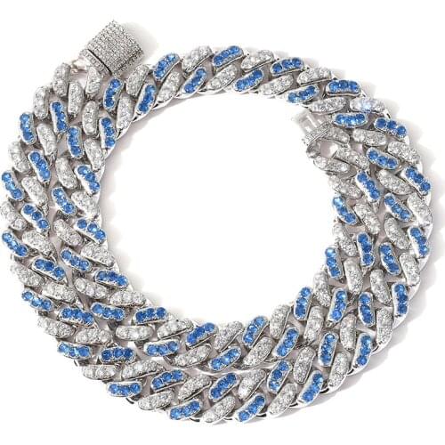 Blue White Cubic Zirconia Paved Iced Out Cuban Chokers Necklaces Luxury Bling CZ Stone Link Chain Choker Necklace Men Jewelry