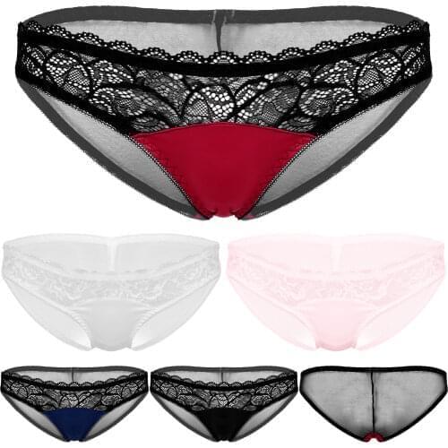 Floral Lace Men Brief Panties Fashion Exotic Apparel Patchwork Sissy Underwear Low Waist Soft Lingerie See-Through Underpants