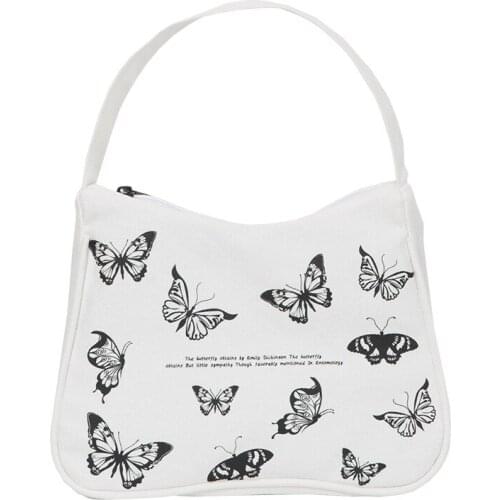 Spring Women Small Handbag Butterfly Print Canvas Tote Ladies' Fashion Underarm Bag Zipper Half Moon Bags Cotton Cloth Purse