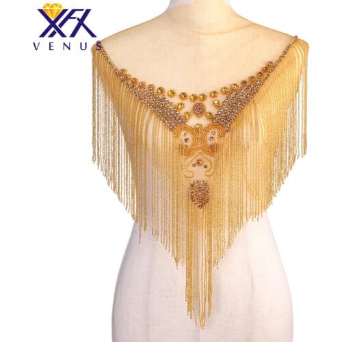 XFX VENUS 1 Piece Handmade Dangling Rhinestone Beads Applique Bridal Beaded Tassel Trimming Patches Bodice Wedding Dress