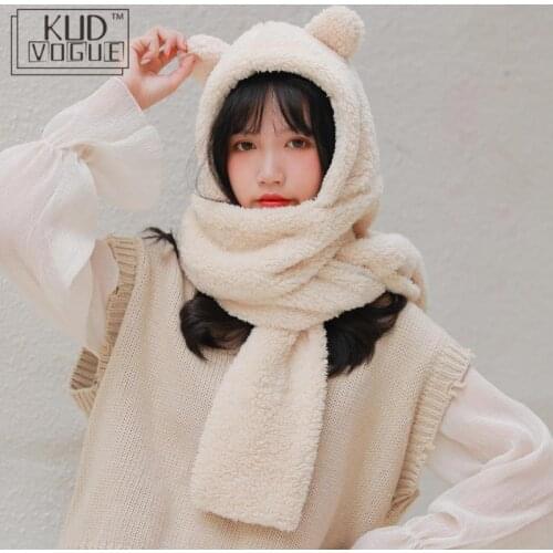 Lolita Female hat cap Japanese Kawaii Bear Neck Warmer Scarf Winter Soft Plush Hooded Hat Scarves Skullies A Nice Gift For Girls