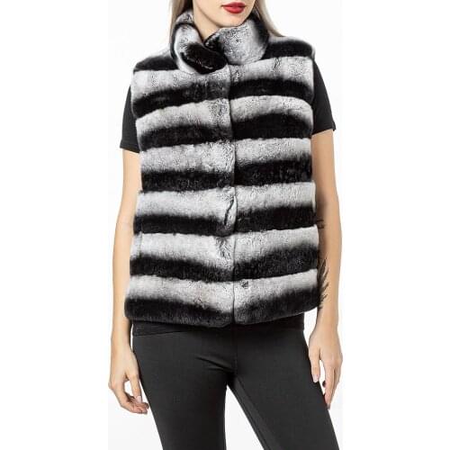 Women real natural rex rabbit fur vest chinchilla color waistcoat furry winter warm fluffy 2021 gilet chic stripe