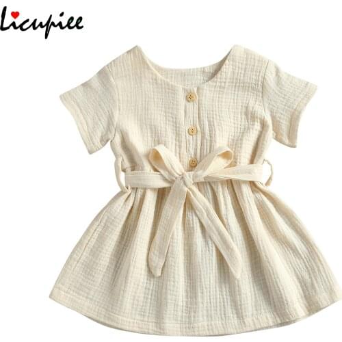 Girls Casual Short-sleeved Dress with Belt Fashion Solid Color Button V-neck Children Princess Dress