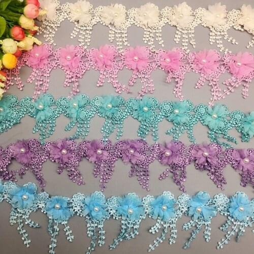 1Yard Vintage 2-Layer Flower Pearl Tassel Lace Chiffon Trim Dress Wedding Ribbon Fabric Applique Embroidered Sewing Craft