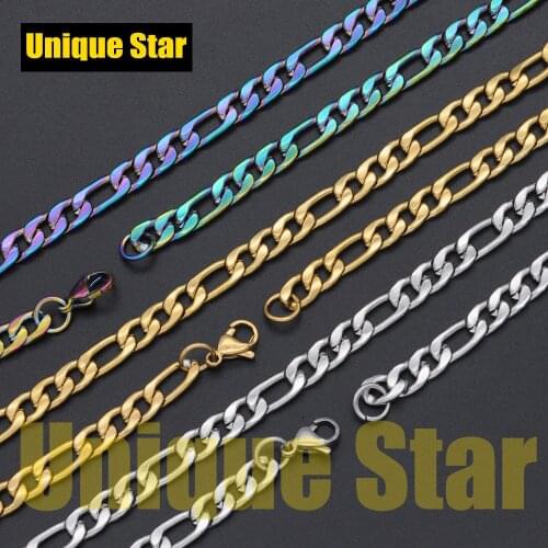 3pcs/lot 7mm 100% Stainless Steel Figaro Hip Hop Chain Necklace for Men Wholesale Gold Rainbow Jewelry Chains Dropshipping