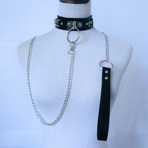 BDSM Leather Collar Kinky Dog Chain with Leash Chain Adjustable Roleplay Fetish Choker