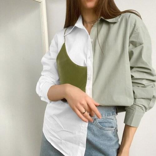 Blouse Women Office Lady Spliced Tops Patchwork Korean Fashion Clothing Shirt Long Sleeve 2021 Blouse