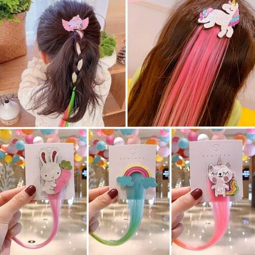 Korean Childrens Cartoon Wig Unicorn Rainbow Hairclips Kids Cute Cat Ear Side Clip Hair Accessories For Girls Baby Kawaii 2021