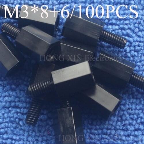 Hot 100Pcs M3 Thread 8mm+6mm PCB Fixed Nylon Hex Column Standoff Spacer Pillar Black Male to Female nylon spacer