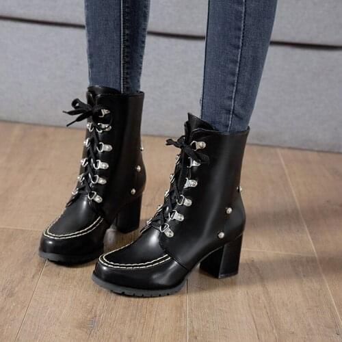 YMECHIC Fashion Black Lace Up Biker Boots Women Rivet Design White Pink Wedding Shoes Winter Motorcycle High Heels Ankle Boots