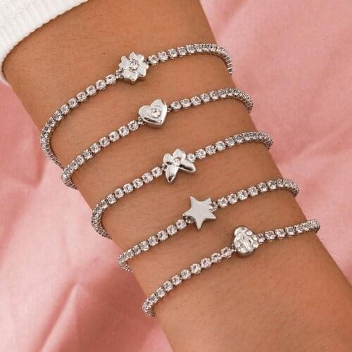 Aprilwell 5 PCs Sunflower Heart Butterfly Star Water Drop Bracelets Sets Women Crystal Wrist Chain Punk Jewelry Gift Girl Friend