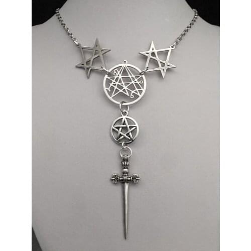 Unicursal Hexagram Symbol Pendant Sword Necklace Satanic Symbols Necklace Emblem Amulet Talisman Thelema Sign Gift for Men Women