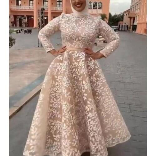 Champagne prom dresses 2022 high neck long sleeve muslim evening dresses arabic evening gowns lace formal dress