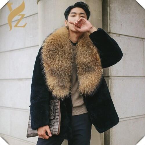 Natural Whole Skin Rex Rabbit Fur Coat With Raccoon Collar Warm For Mens Fur Coats Real Fur Jackets Mens Tops And Blouses