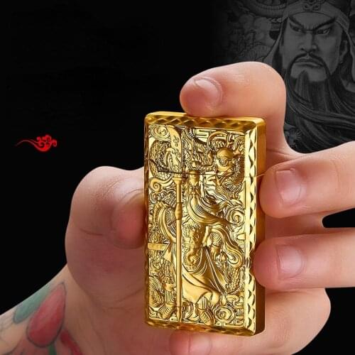 Embossed Guan Gongs Voice Straight Into The Lighter Windproof Blue Flame Steel Tone Personality Creative Lucky Lighter Men Gift