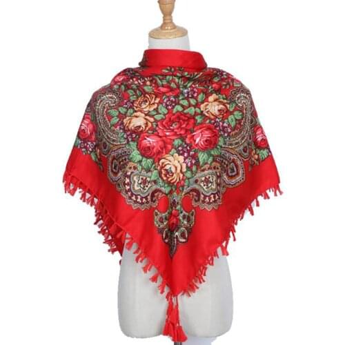 Autumn And Winter Cotton Russian National Style Scarf Printed Scarf Womens New Square Multifunctional Fringed Shawl