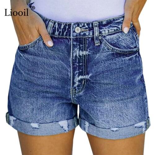 Liooil Sexy Stretch Ripped Curly Jeans Shorts Women Mid Waist With Pockets Cotton Wash Distressed Blue Casual Hole Denim Shorts
