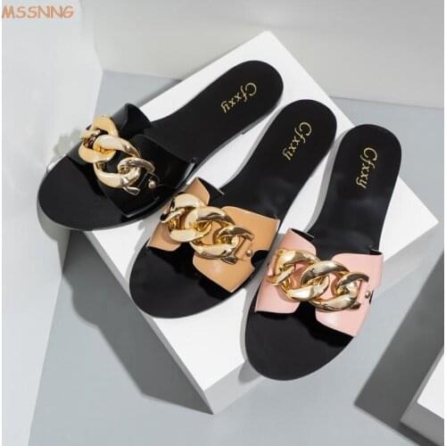 New Ladies Slippers 2021 Summer Slides Fashion Black Metal Chain Decorated Flat Round Toe Women Slides Female Beach Shoes
