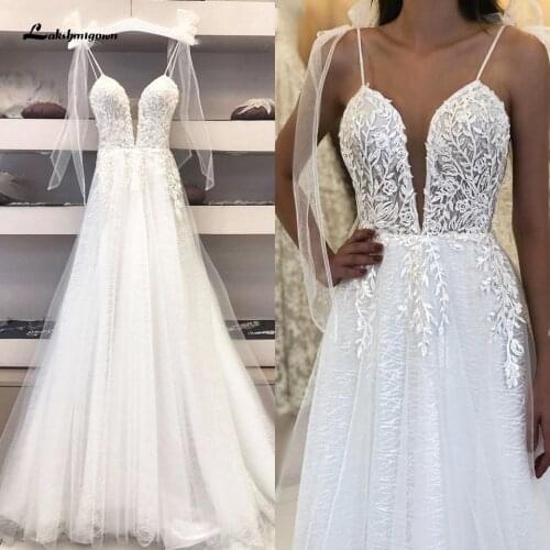 Deep V-neck Sexy Bridal Wedding Dress 2021 Robe Boheme Glitter Tulle New Mariage Wedding Gowns Vestidos Boho Wedding Dresses