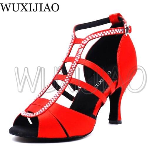 WUXIJIAO New white Satin Latin Dance Shoes Women Salsa Rhinestone Shoes Dance For Woman Ballroom Dancing Shoes heel 5cm-10cm