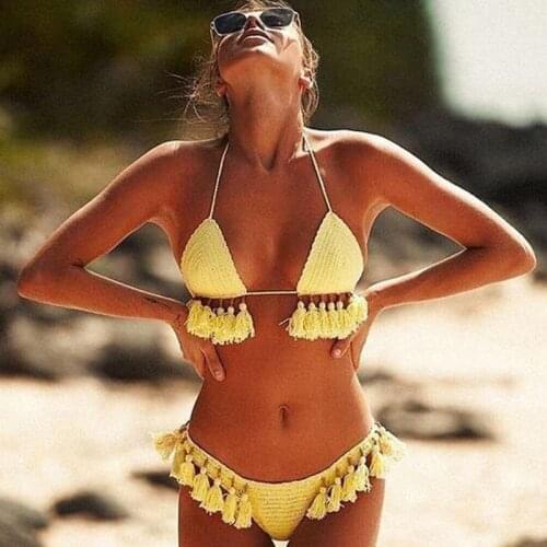 Handmade Crochet Bikini Set Laca Lita and tassels bead Women Swimwear swimsuit