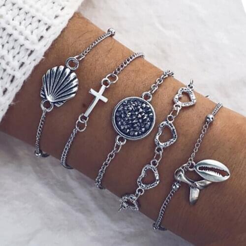 Bohemian Crystal Shell Charm Chain Multilayer Bracelets Set For Women Geometric Adjustable New Fashion Jewelry Gifts