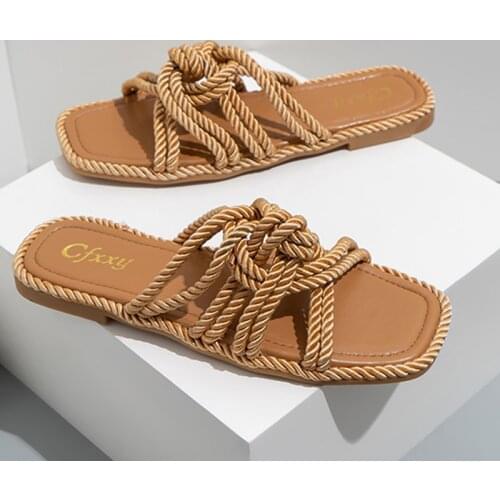 Women Slippers Hollow Out Hemp Rope Cross Weave Upper Design 2021 Flat Sandals Women Outdoor Casual Flat Heel Woman Shoes