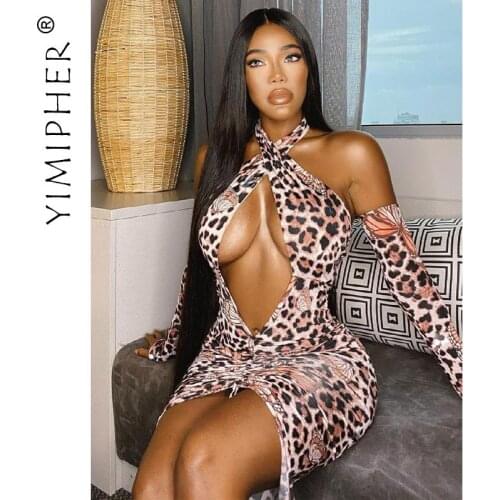 Sexy Leopard Halter Front Hollow Party Dresses For Women 2021 Fashion Green Black Long Sleeve Backless Ruched Bodycon Dress