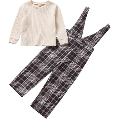 2Pcs Toddler Outfit Set Kids Girls Solid Color Long Sleeve T-Shirt Plaid V-Neck Overalls Pants for Children Baby 18M-6Y Autumn