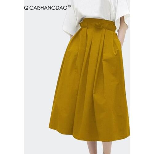 2021 Spring New High Waist Cotton Long Pleated Skirt Solid Color Vintage A-Line Ladies Casual Big Swing Pocketed Umbrella Skirts
