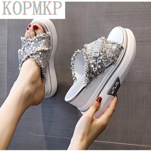 2021 Women Summer Sandals Cross Beach Sandals Fashion Wedge Shoes New Sandal Non-slip Flat Sandals Glitter Zapatos De Mujer34-39